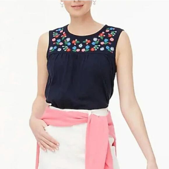2/$30 J. Crew Embroidered Yoke Cotton Tank Top Navy Blue Floral Size S - Picture 1 of 13